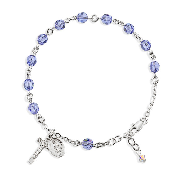 Sterling Silver Rosary Bracelet Created with 6mm Tanzanite Finest Austrian Crystal Round Beads by HMH