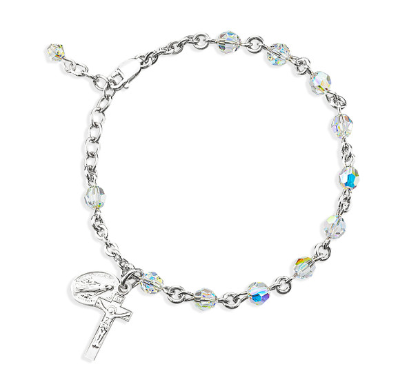 Sterling Silver Rosary Bracelet Created with 5mm Aurora Borealis Finest Austrian Crystal Round Beads by HMH