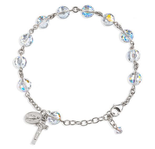 Sterling Silver Rosary Bracelet Created with 8mm Aurora Borealis Finest Austrian Crystal Multi-Faceted Beads by HMH