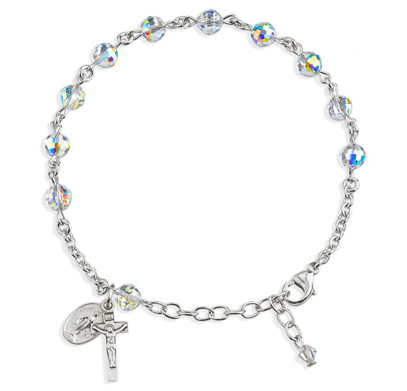 Sterling Silver Rosary Bracelet Created with 6mm Aurora Borealis Finest Austrian Crystal Multi-Faceted Beads by HMH