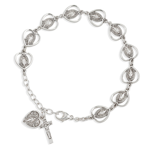 Pierced Miraculous Medal Heart Sterling Silver Rosary Bracelet