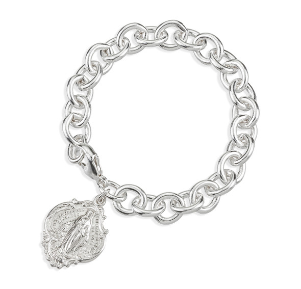 Extra Heavy Solid Sterling Silver Link Style Bracelet with Hail Mary Miraculous Charm