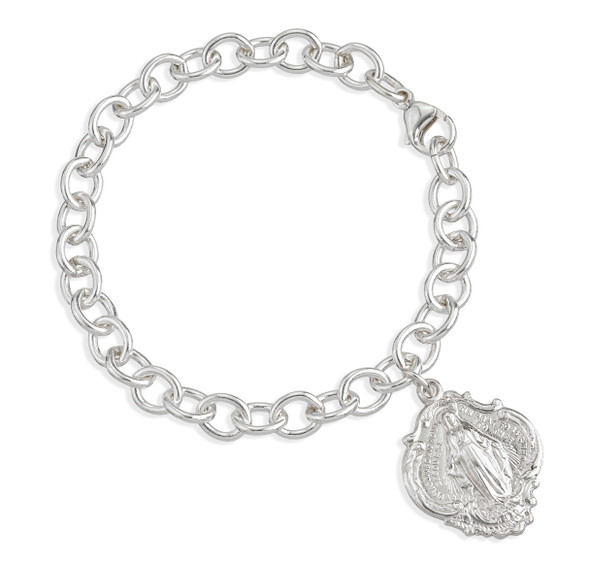 Solid Sterling Silver Linked Bracelet with Hail Mary Miraculous Medal Charm