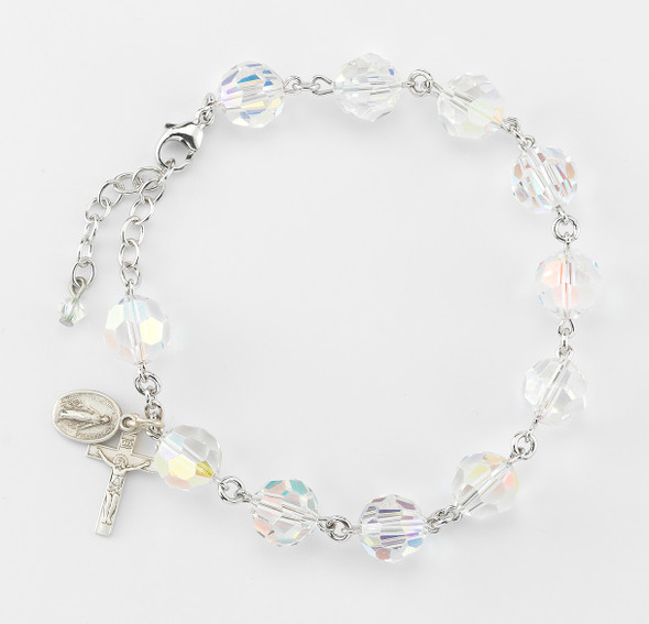 Sterling Silver Rosary Bracelet Created with 10mm Aurora Borealis Finest Austrian Crystal Round Beads by HMH