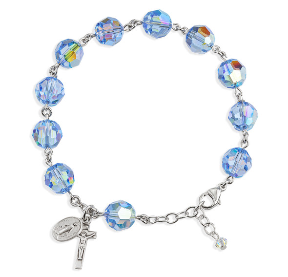 Sterling Silver Rosary Bracelet Created with 10mm Light Sapphire Finest Austrian Crystal Round Beads by HMH