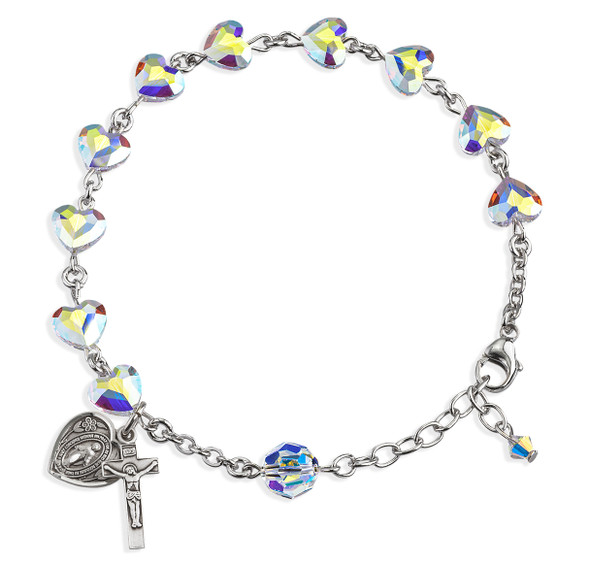 Sterling Silver Rosary Bracelet Created with 8mm Aurora Borealis Finest Austrian Crystal Heart Shape Beads by HMH