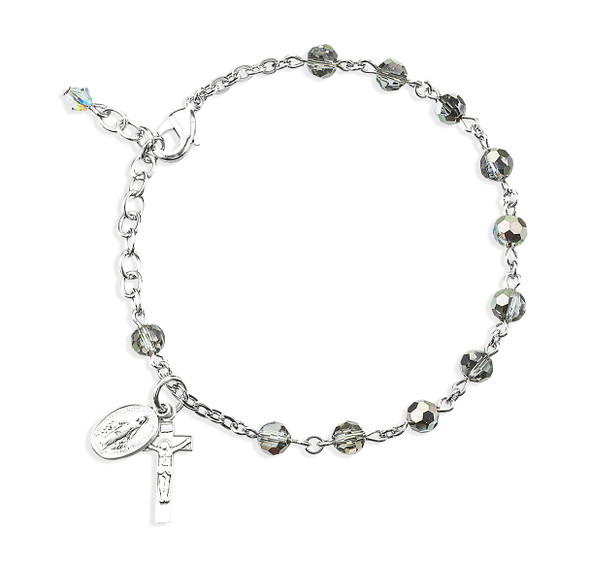 Metallic Silver Round Faceted Crystal Rosary Bracelet
