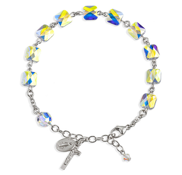 Rosary Bracelet Created with 8mm Aurora Borealis Finest Austrian Crystal Multi-Facted Square Beads by HMH