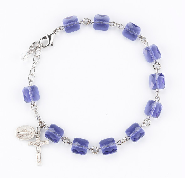 Rosary Bracelet Created with 8mm Tanzanite Finest Austrian Crystal Multi-Facted Square Beads by HMH