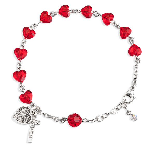 Rosary Bracelet Created with 8mm Red Finest Austrian Crystal Heart Shape Beads by HMH