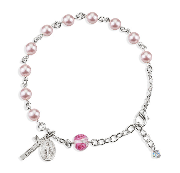 Rosary Bracelet Created with 6mm Pink Finest Austrian Crystal Pearl Beads by HMH