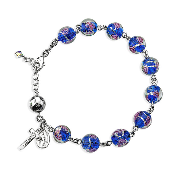 Venetian Style Round Blue with Pink Rose Embedded Glass Bead Rosary Bracelet