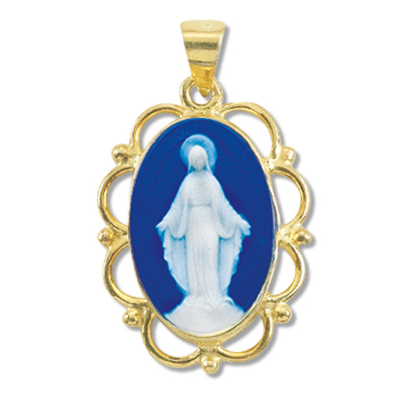 Dark Blue Gold Over Sterling Silver Cameo Miraculous Medal