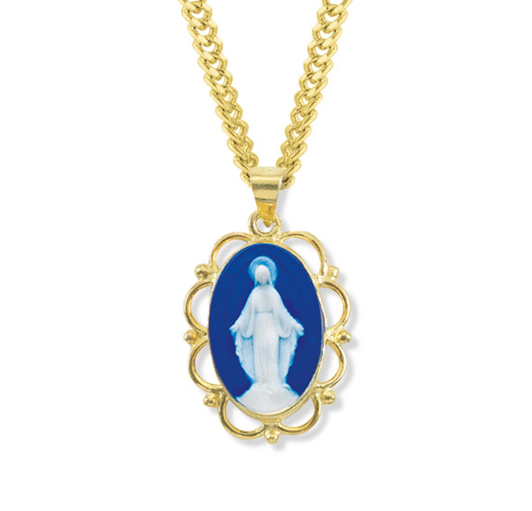 Dark Blue Gold Over Sterling Silver Cameo Miraculous Medal