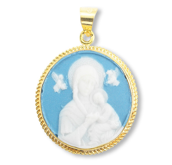 Light Blue Gold Over Sterling Silver Our Lady of Perpetual Help Cameo Medal