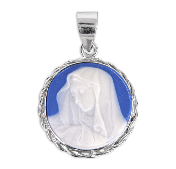 Dark Blue Sterling Silver Our Lady of Sorrows Cameo Medal