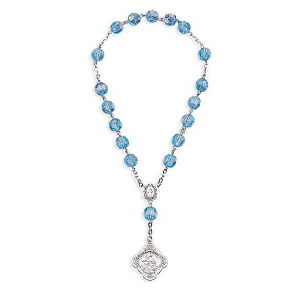 Sterling Silver St. Ann Chaplet with Miraculous Centerpiece made with Finest Crystal 7mm Light Sapphire Beads