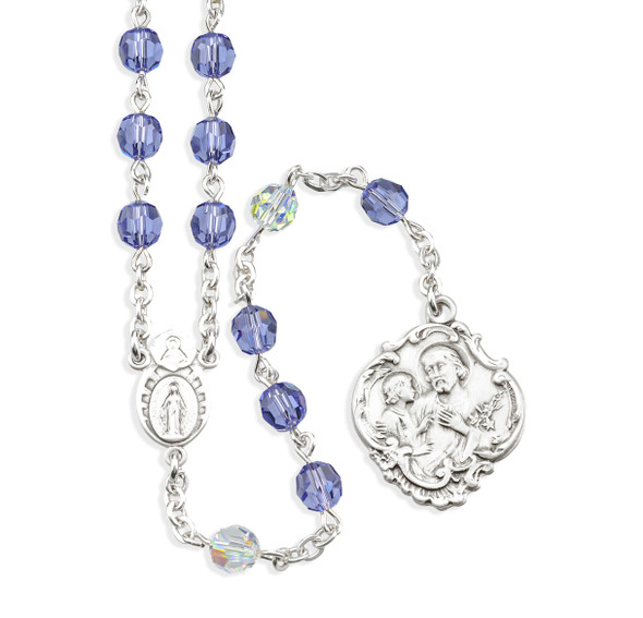 Sterling Silver St. Joseph Chaplet with Miraculous Centerpiece made with Finest Crystal 6mm Tanzanite Beads