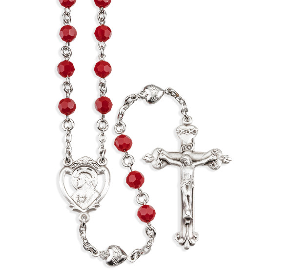 Sterling Silver Sacred Heart of Jesus Chaplet made with 6mm Finest Crystal Blood Red Beads & Silver Heart Beads