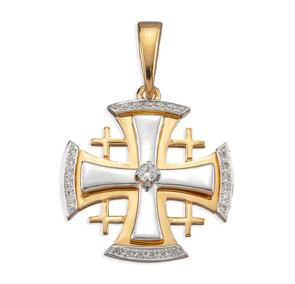 Rose Gold Over Sterling Silver Two-Tone Jerusalem Cross with CZ Accents