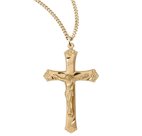 Gold Over Sterling Silver Large Rosary Crucifix with Flower Tips