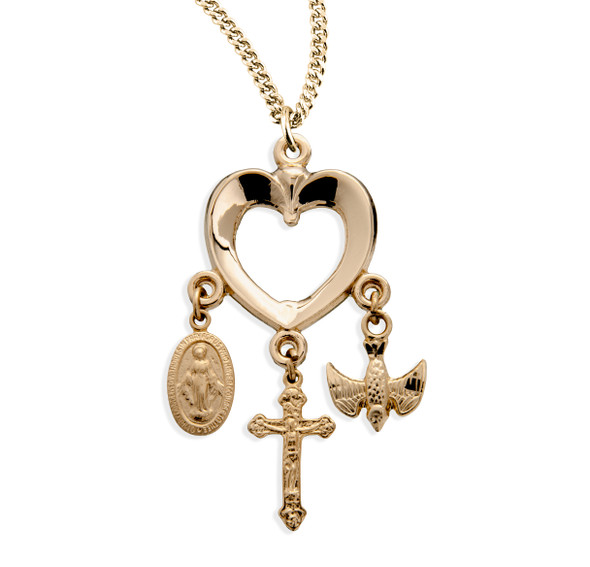 Gold Over Sterling Silver Heart with Miraculous Medal, Crucifix & Holy Spirit Charms