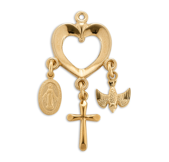 Gold Over Sterling Silver Heart with Miraculous Medal, Cross & Holy Spirit Charms