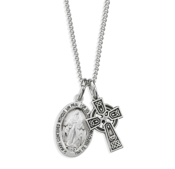 Sterling Silver Miraculous Medal and Small Celtic Cross