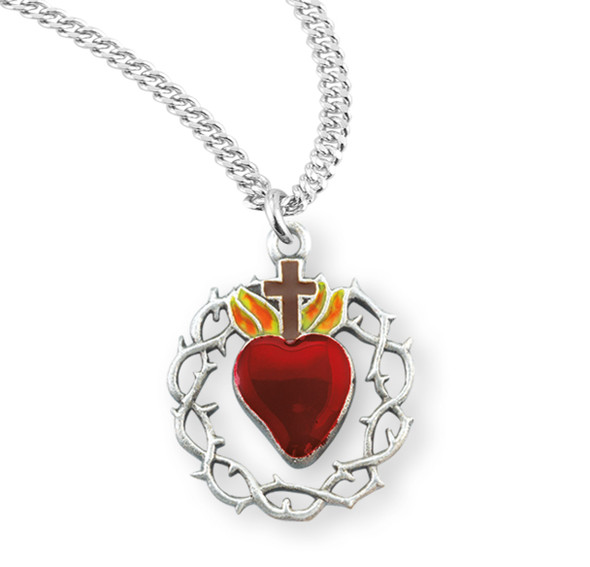 Sterling Silver Red Enameled Heart "Crown of Thorns" Medal