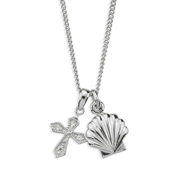 Sterling Silver Baptismal Shell Medal and Small CZ Cross