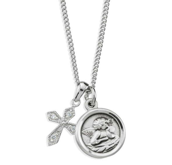 Sterling Silver Cherub Medal and Small CZ Cross