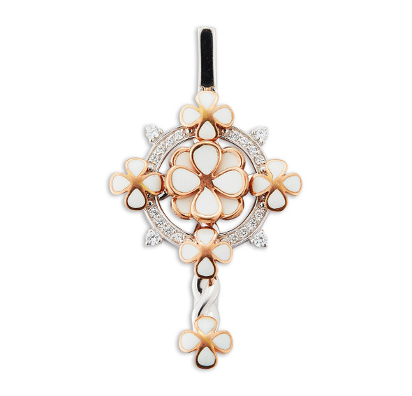 Sterling Silver Cross with White Flower Enamel & Gold Trim with CZ Accents~09