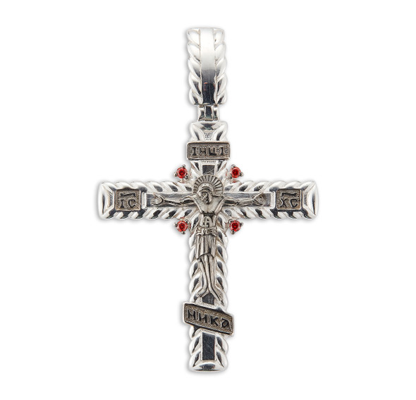 Sterling Silver Intricate Crucifix  Fire Red CZ Accents