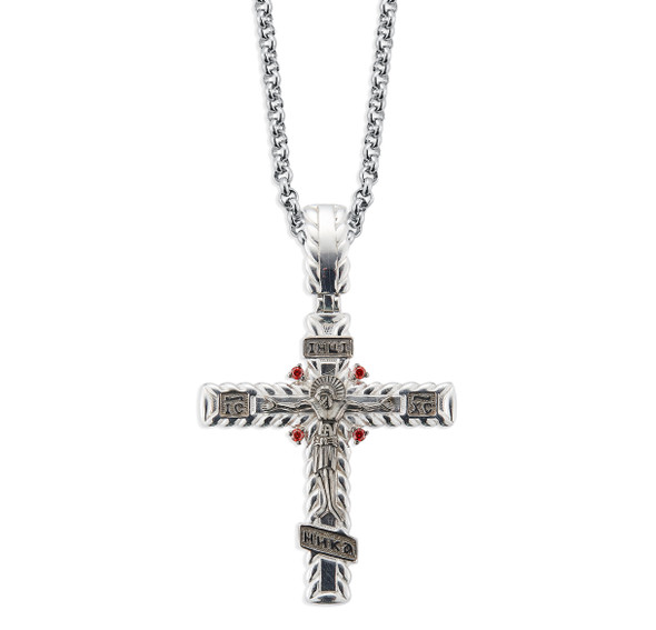 Sterling Silver Intricate Crucifix  Fire Red CZ Accents