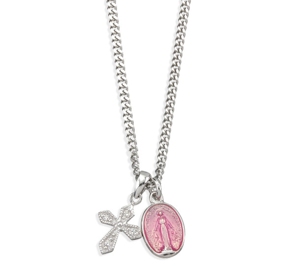 Sterling Silver Pink enamel Miracuous Medal and Small CZ Cross Sterling Silver Pink enamel Miracuous Medal and Small CZ Cross