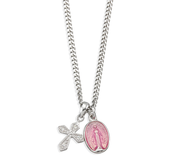 Sterling Silver Pink enamel Miracuous Medal and Small CZ Cross