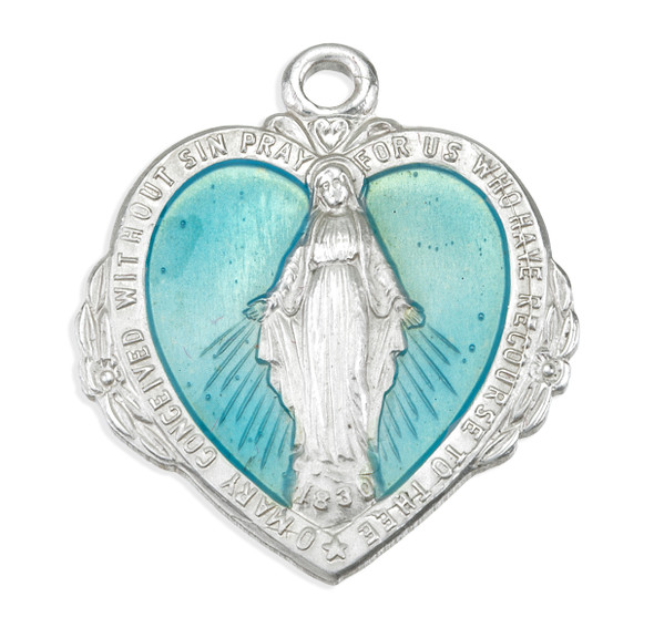 Sterling Silver Blue Enameled Heart Shape Miraculous Medal