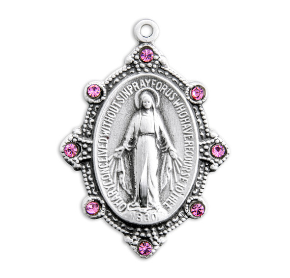 Sterling Silver Oval Miraculous Medal Set with Pink Crystals