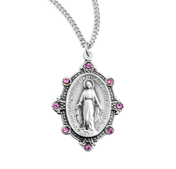 Sterling Silver Oval Miraculous Medal Set with Pink Crystals