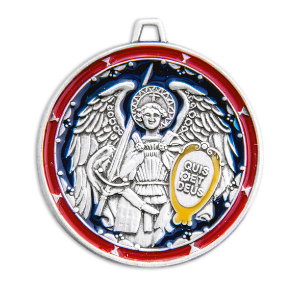 Saint Michael the Archangel Round Sterling Silver Enameled Medal