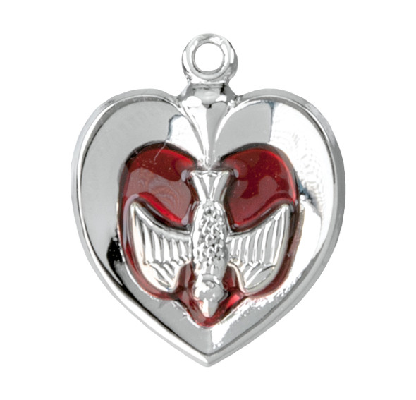 Sterling Silver Rhodium Plated Holy Spirit Inlayed Heart Pendant with Red Epoxy