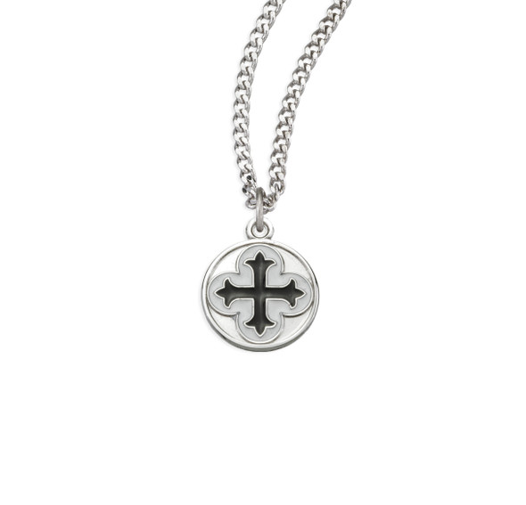 Sterling Silver Round Clover Cross Medal with Black Epoxy Sterling Silver Round Clover Cross Medal with Black Epoxy