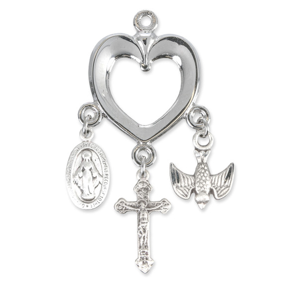 Sterling Silver Heart with Miraculous Medal, Crucifix & Holy Spirit Charms