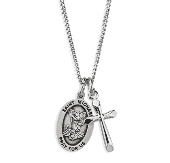 Sterling Silver Small St. Michael Medal and Small Cross