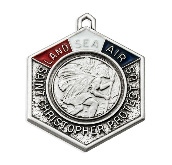 Saint Christopher Land, Sea, and Air Enameled Sterling Silver Medal