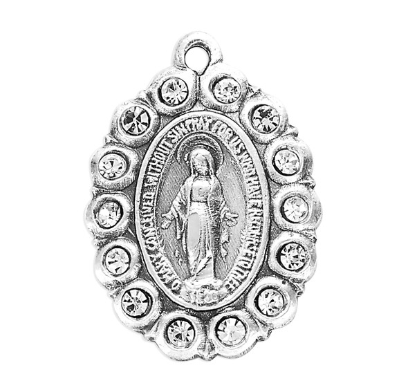 Sterling Silver Oval Miraculous Medal Set with Clear Crystals