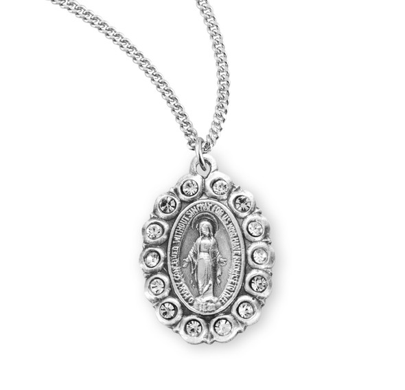 Sterling Silver Oval Miraculous Medal Set with Clear Crystals
