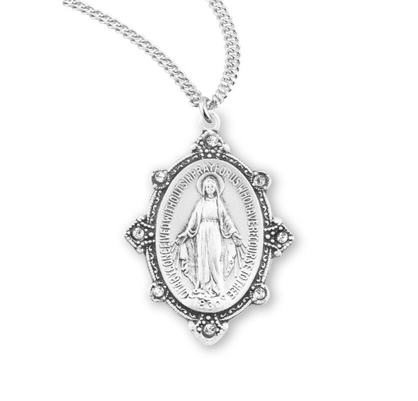 Sterling Silver Oval Miraculous Medal with Set Clear Crystals