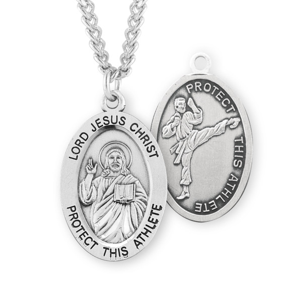 Lord Jesus Christ Oval Sterling Silver Martial Arts Male Athlete Medal Lord Jesus Christ Oval Sterling Silver Martial Arts Male Athlete Medal