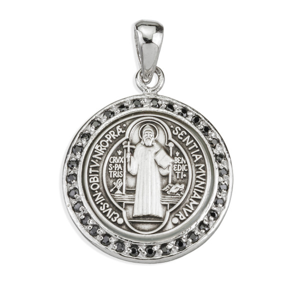 Saint Benedict Round Sterling Silver Medal with Black Cubic Zirconia's "CZ's"